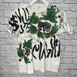 Vintage 90s Wet Paint Hand painted T Shirt White Jungle Zebra Rhinestone Size L